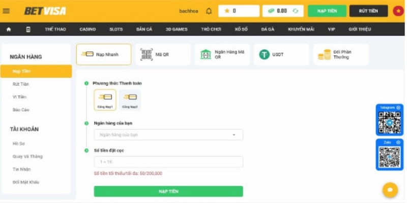 Giao dịch nạp tiền Betvisa miễn phí với nhiều phương thức
