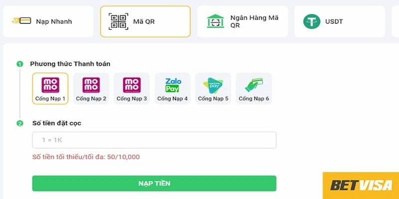 Quy trình nạp tiền Betvisa được đánh giá cao là tiện lợi